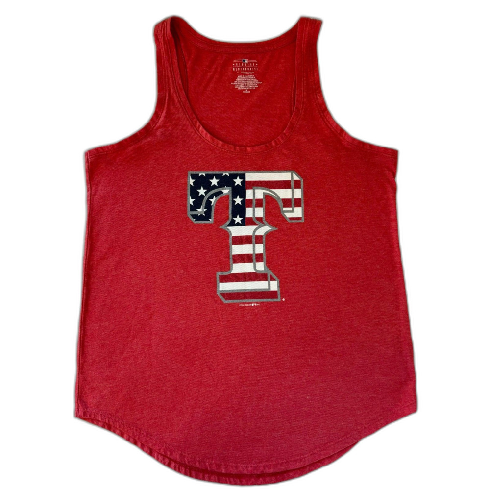 Texas Rangers Womens Medium Tank Top Shirt Red‎ Flag Graphic Tee MLB Logo Spirit